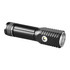 A black LED torch with a textured grip and a bright light head, featuring a branding logo.