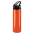 A drink bottle in vibrant orange with a black flip cap and a handle for easy transport. It features a logo.