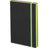 A black journal book with a green elastic band and trim, featuring a minimalist design.