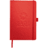 A red journal with a textured cover, featuring an embossed logo and an elastic closure band.