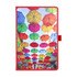 A vibrant notebook featuring a design with colourful umbrellas in red, green, orange, and blue. It has a logo on the cover.