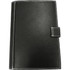 A5 journal cover in black with white stitching and a clasp closure. Features a logo on the front.