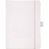 A white hard-bound journal with a grey elastic strap and a branding logo on the front cover.