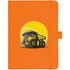 An orange hard-bound journal featuring a graphic of a mining truck against a yellow circular background.