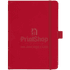 A red hard-bound journal with an elastic band and a branded logo on the cover.