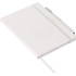 A white hard bound journal with an elastic strap and a branding logo on the cover.