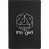 A black journal featuring a geometric design and a logo on the front cover.