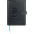 A black leather journal with a strap closure and a logo on the front cover. It features a ribbon bookmark.