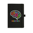 A black journal with a brain graphic featuring colourful gears and a logo, secured with an elastic band.