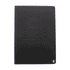 A black hardcover notebook featuring a textured design and a logo on the front.