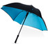 A square automatic umbrella featuring a black exterior and a vibrant blue interior, with a textured handle and branding.