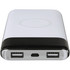 A sleek white and black wireless power bank featuring USB ports and a charging display. It has a logo on the surface.