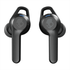 True wireless earbuds in black with a logo, featuring a sleek design and blue indicator light.