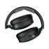 A pair of black wireless headphones with a sleek design and adjustable headband, featuring a logo on the side.