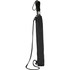 A black vented folding umbrella with a sleek handle and a protective sleeve, featuring a logo.