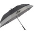 A black and grey expanding auto open umbrella with a handle and a logo on the fabric.