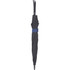 A black expanding auto open umbrella with a blue strap holding it closed. It features a curved handle and a logo.