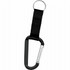 A black carabiner with a woven strap and metal keyring attachment. Features a branding logo.