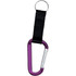 A purple carabiner attached to a black strap with a keyring. It has a branding logo.