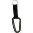A green camo carabiner with a black strap and silver keyring attachment. It features a logo.