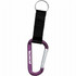 A purple carabiner with a black strap and a keyring attachment. It features a branding logo.