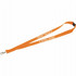 An orange lanyard with a lobster clip and a logo, suitable for events and exhibitions.