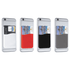 A collection of slim silicone card wallets in red, black, grey, and silver, attached to smartphone backs.