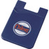 A navy silicone card wallet with a logo, featuring a textured surface and a slot for cards.