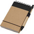 A brown recycled notepad with a black spiral binding and a matching pen secured by an elastic band.