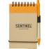 A recycled notepad in brown with an orange top and an attached orange pen, featuring a logo.