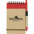 A notepad with a kraft cover, red top, and a red pen attached, featuring a logo on the front.