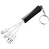 A 3-in-1 charging cable in black with three white connectors, attached to a keychain for portability.