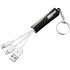 A black 3-in-1 charging cable with multiple connectors and a keychain attachment, featuring a logo.