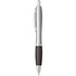 A silver and black plastic pen with a sleek design and a clip, featuring a branding logo.
