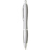 A silver plastic pen with a sleek design and a clip, featuring a logo on the barrel.
