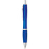 A blue plastic pen with silver accents and a clip, featuring a logo on its barrel.