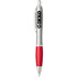 A plastic pen with a silver barrel and a red grip, featuring a logo on the side.