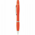 An orange pen with a silver clip and grip, designed for writing. It features a logo on the barrel.