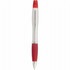 A silver pen with a red cap and grip, featuring a logo on the barrel.