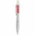 A silver pen with a highlighter tip and a visible logo. The pen features a sleek design and a click mechanism.
