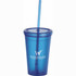 A drink bottle featuring a blue plastic tumbler with a straw and a logo on the front.