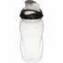 A drink bottle featuring a clear body and black lid, designed for sports and hydration. It includes a logo.