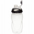 A drink bottle with a clear body and a black lid featuring a flip-top spout and a logo.