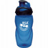A drink bottle in blue plastic with a black lid and an attached spout, featuring a logo.