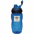 A drink bottle in blue plastic with a black lid and a logo on the front. Features a flip-top spout for easy access.