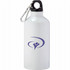 A drink bottle in white aluminium featuring a black top and a logo, with a silver carabiner attached.