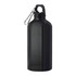 A drink bottle in sleek black aluminium with a carabiner clip and a simple design. It features a logo.