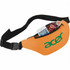 An orange hipster budget fanny pack with a black strap, containing a phone and snack bars inside.