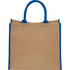 A large jute tote bag in natural and blue, featuring sturdy handles and a simple design.