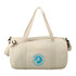A cream cotton barrel duffel bag with shoulder strap and featuring a logo on the front.